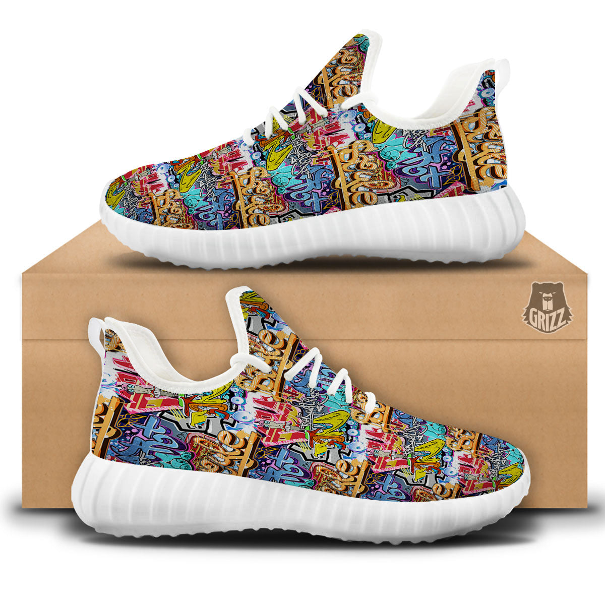 Graffiti Wall Print White Walking Shoes-grizzshop