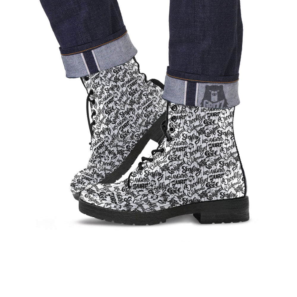 Graffiti White And Black Print Pattern Leather Boots-grizzshop