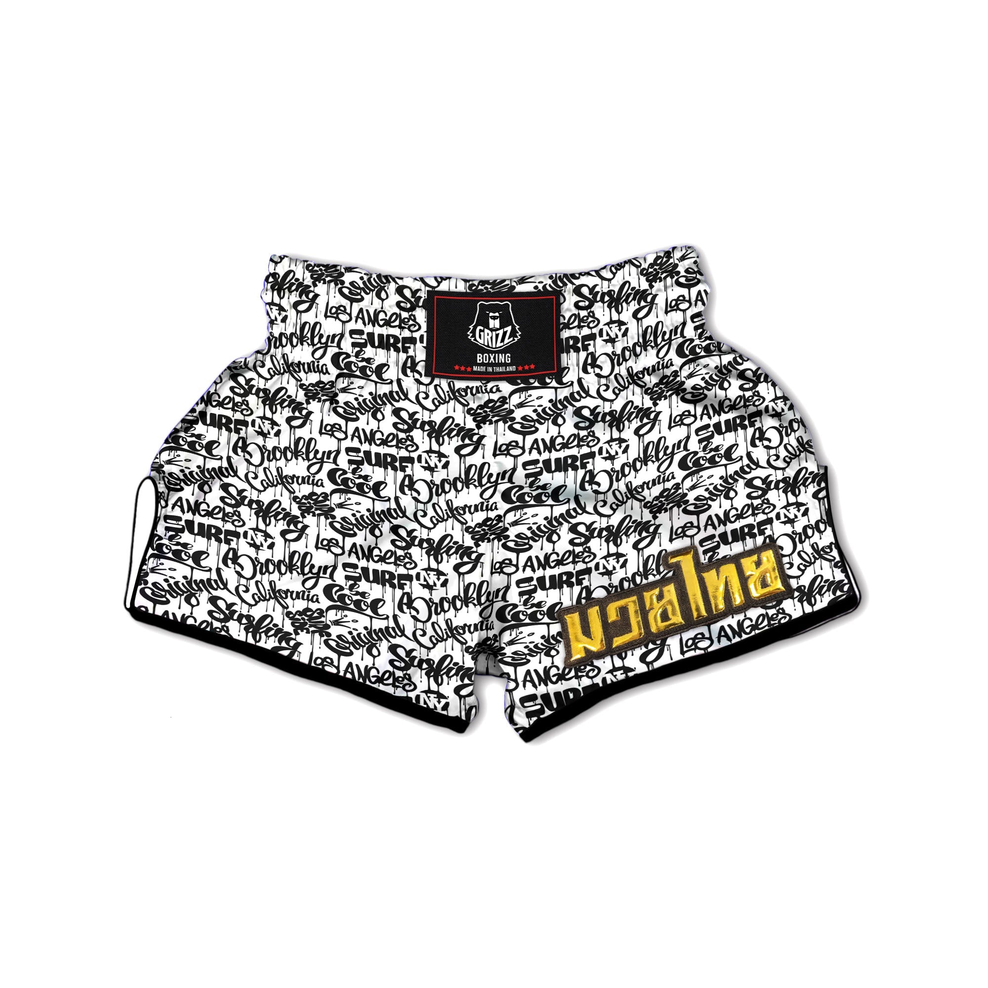 Graffiti White And Black Print Pattern Muay Thai Boxing Shorts-grizzshop