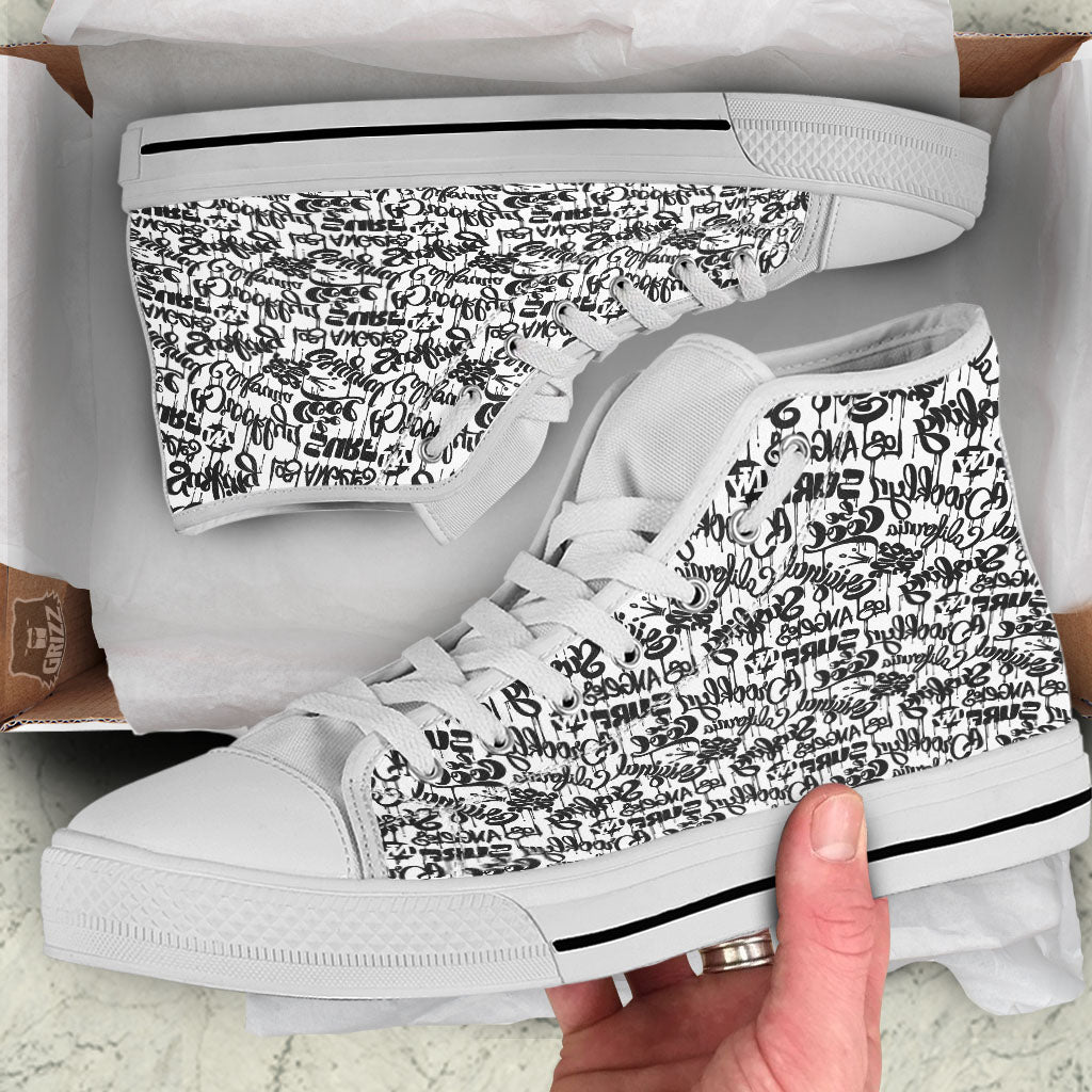 Graffiti White And Black Print Pattern White High Top Shoes-grizzshop