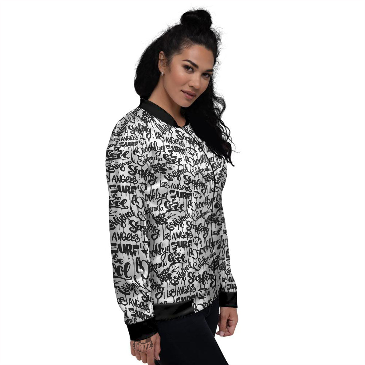 Graffiti White And Black Print Pattern Women's Bomber Jacket-grizzshop
