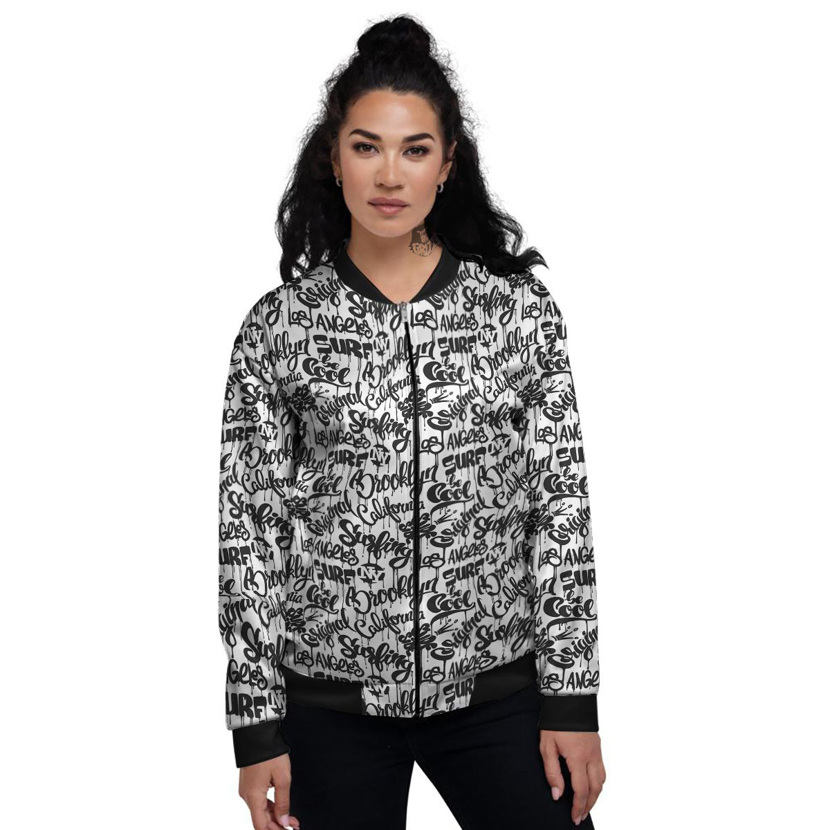 Graffiti White And Black Print Pattern Women's Bomber Jacket-grizzshop