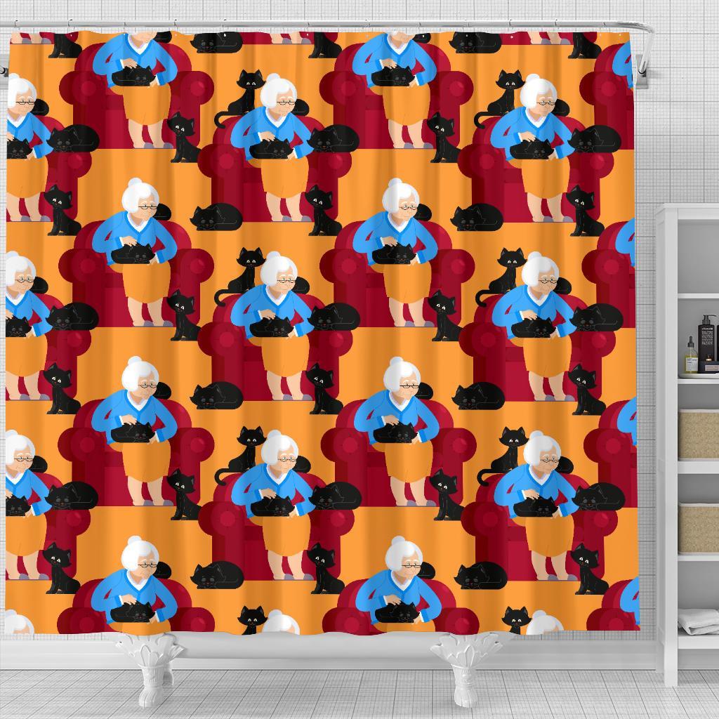 Grandma Nana Cat Pattern Print Bathroom Shower Curtain-grizzshop