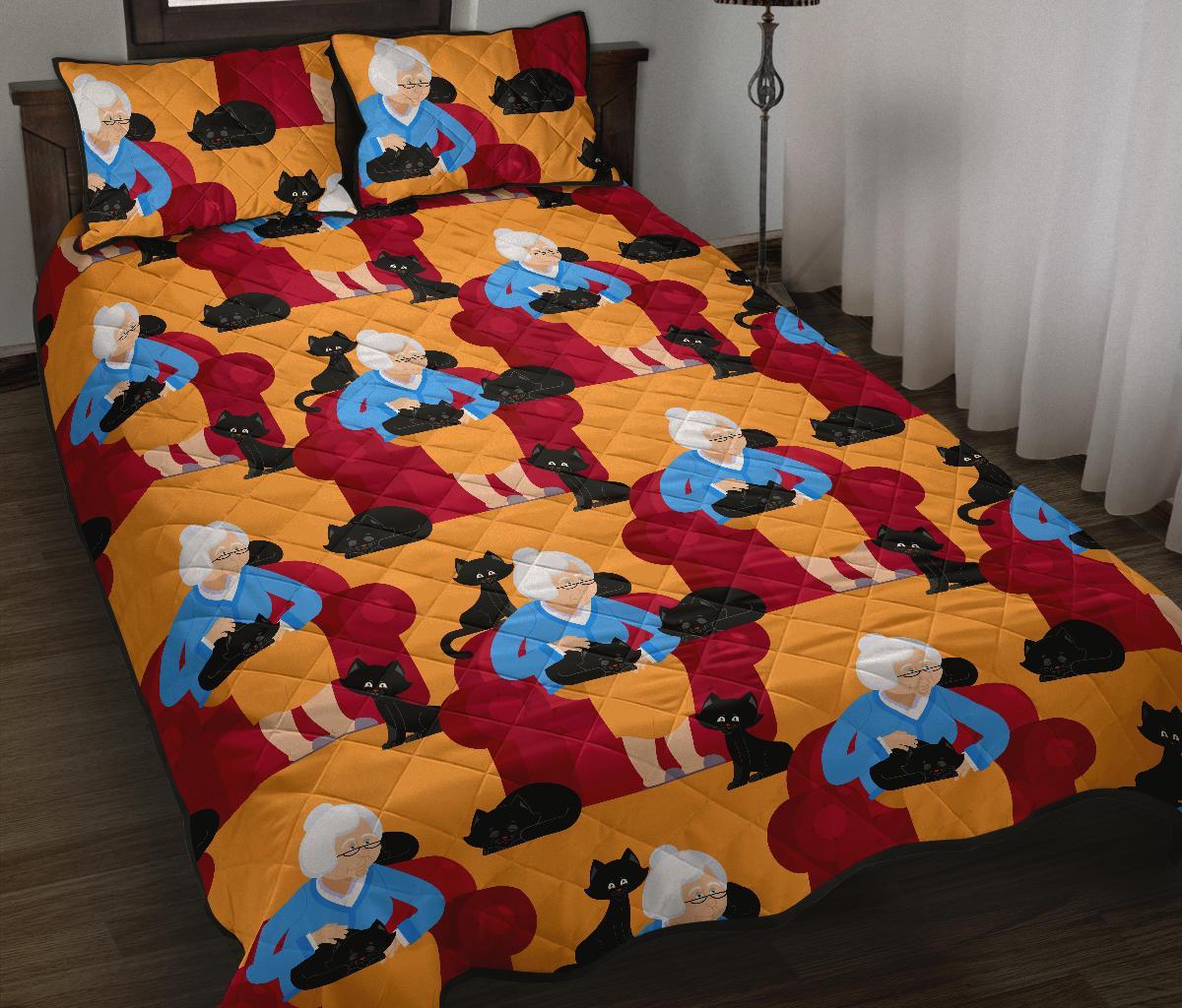 Grandma Nana Cat Pattern Print Bed Set Quilt-grizzshop