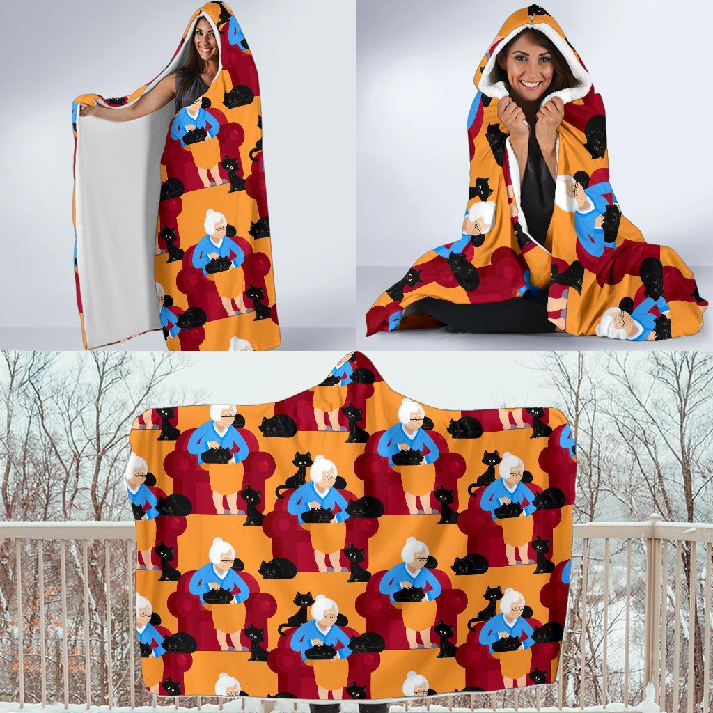 Grandma Nana Cat Pattern Print Hooded Blanket-grizzshop