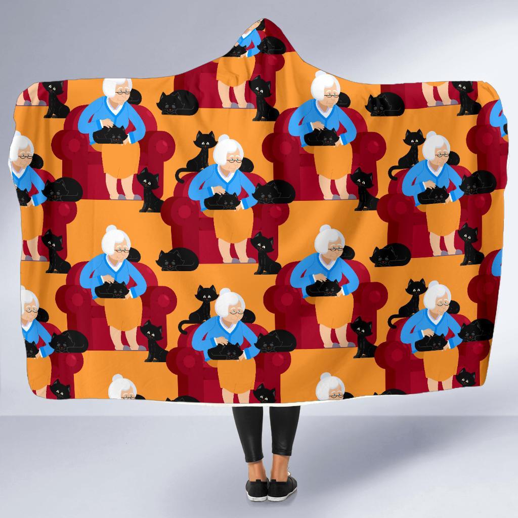 Grandma Nana Cat Pattern Print Hooded Blanket-grizzshop
