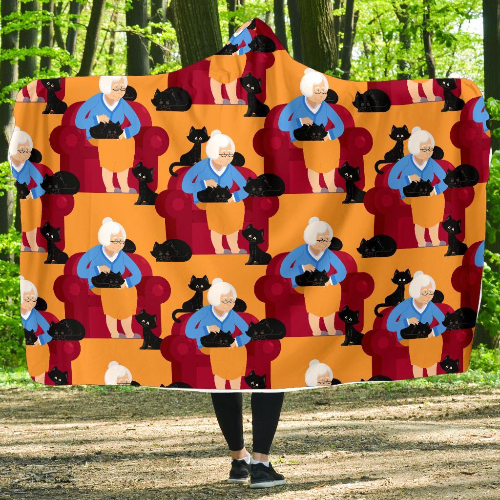 Grandma Nana Cat Pattern Print Hooded Blanket-grizzshop