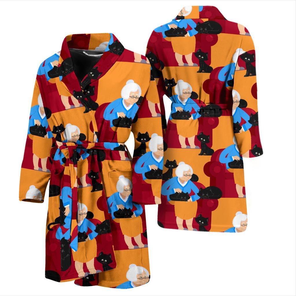 Grandma Nana Cat Pattern Print Men Long Robe-grizzshop