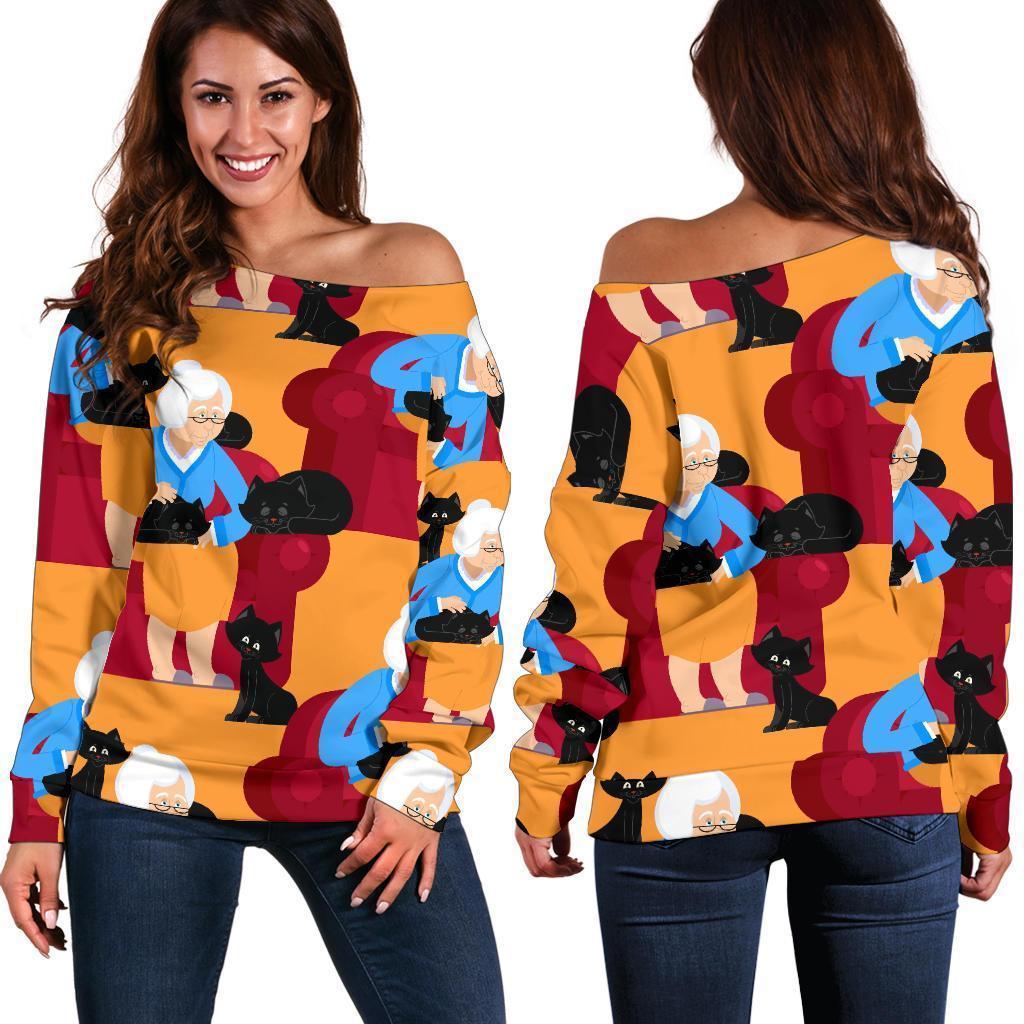 Grandma Nana Cat Pattern Print Women Off Shoulder Sweatshirt-grizzshop