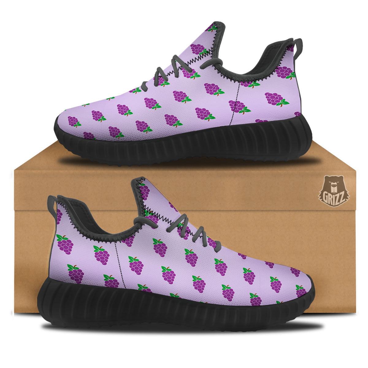 Grape Purple Print Pattern Black Walking Shoes-grizzshop