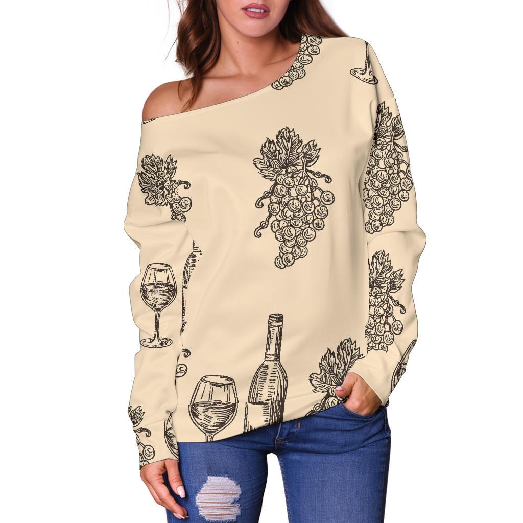 Grape Wine Pattern Print Women Off Shoulder Sweatshirt-grizzshop