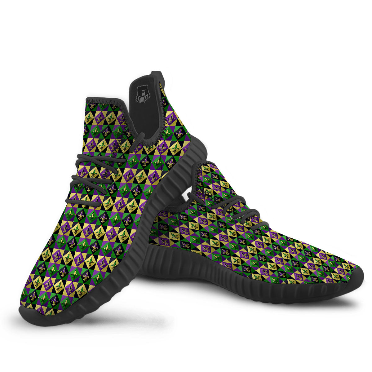 Gras Geometric Mardi Print Pattern Black Walking Shoes-grizzshop