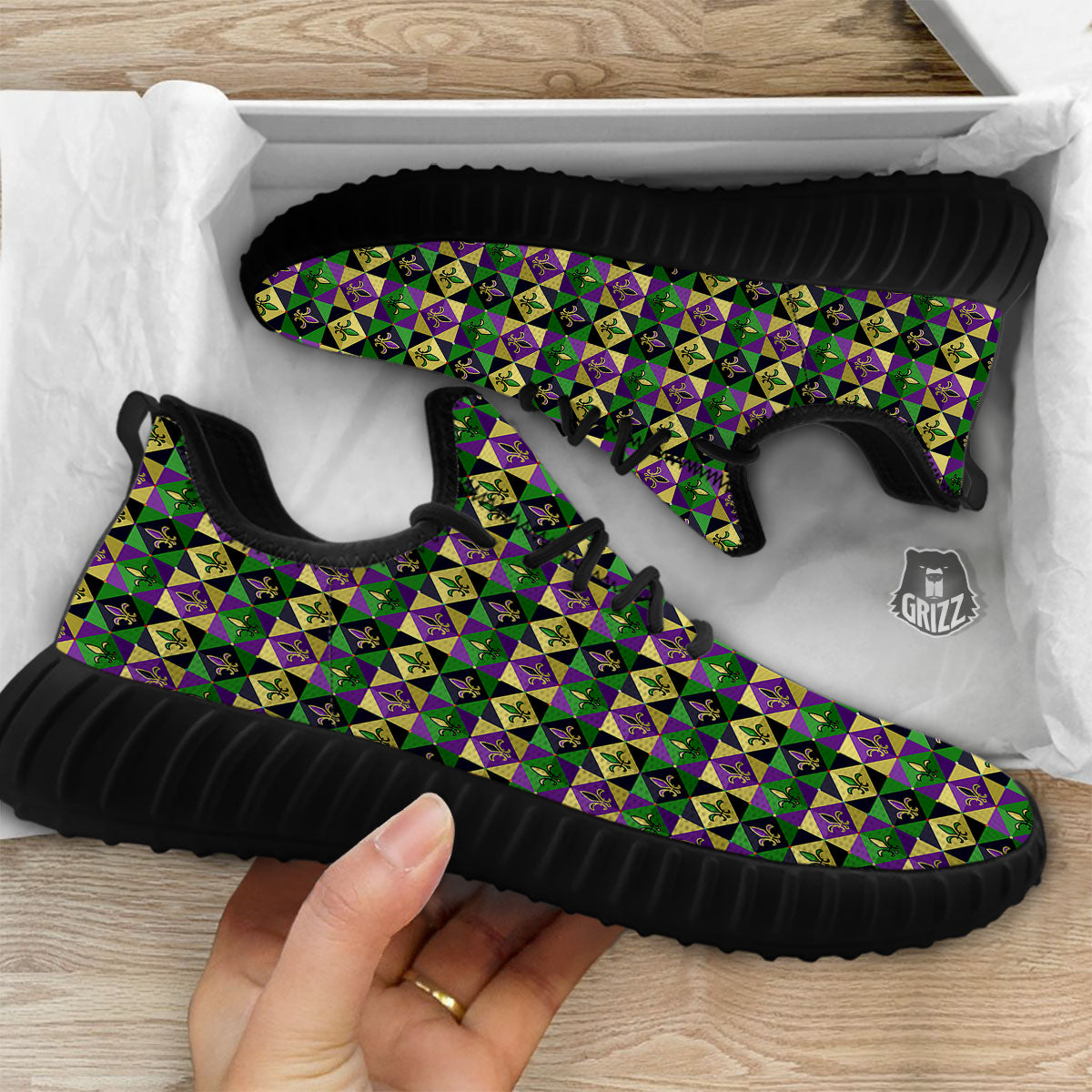 Gras Geometric Mardi Print Pattern Black Walking Shoes-grizzshop