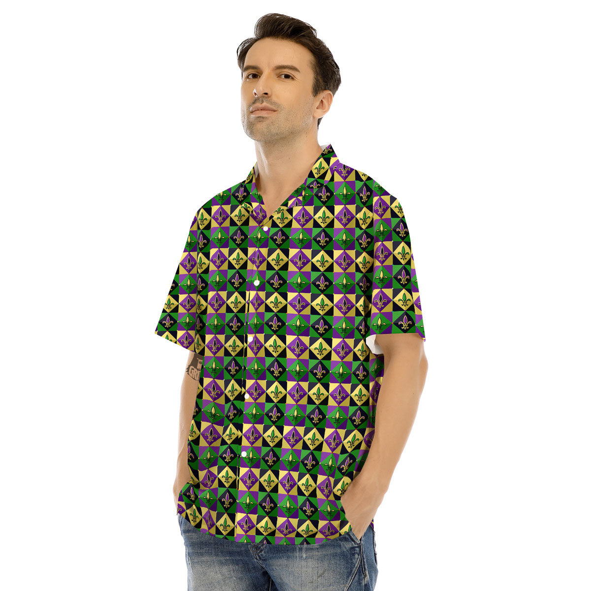 Gras Geometric Mardi Print Pattern Men's Hawaiian Shirt-grizzshop