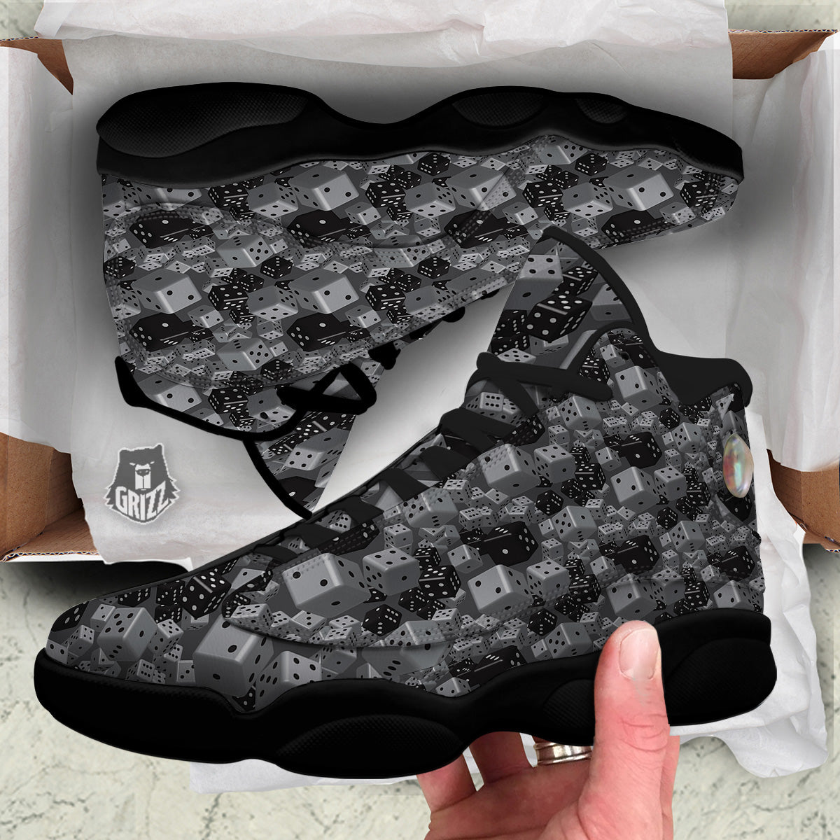 Gray Black 3D Dice Print Pattern Black Basketball Shoes-grizzshop