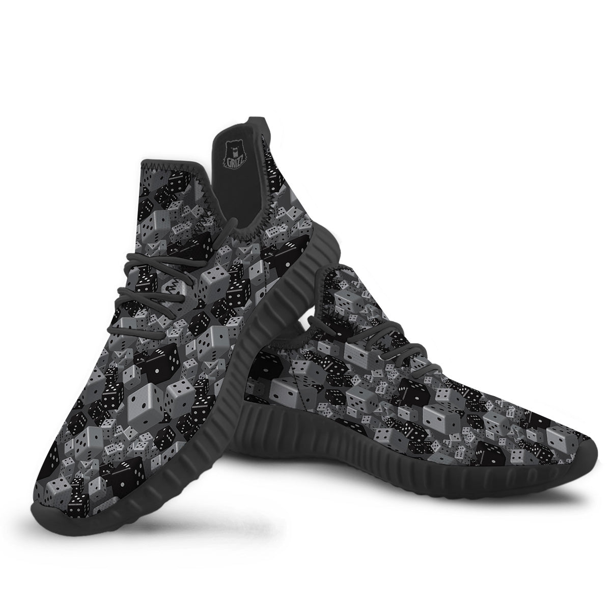 Gray Black 3D Dice Print Pattern Black Walking Shoes-grizzshop