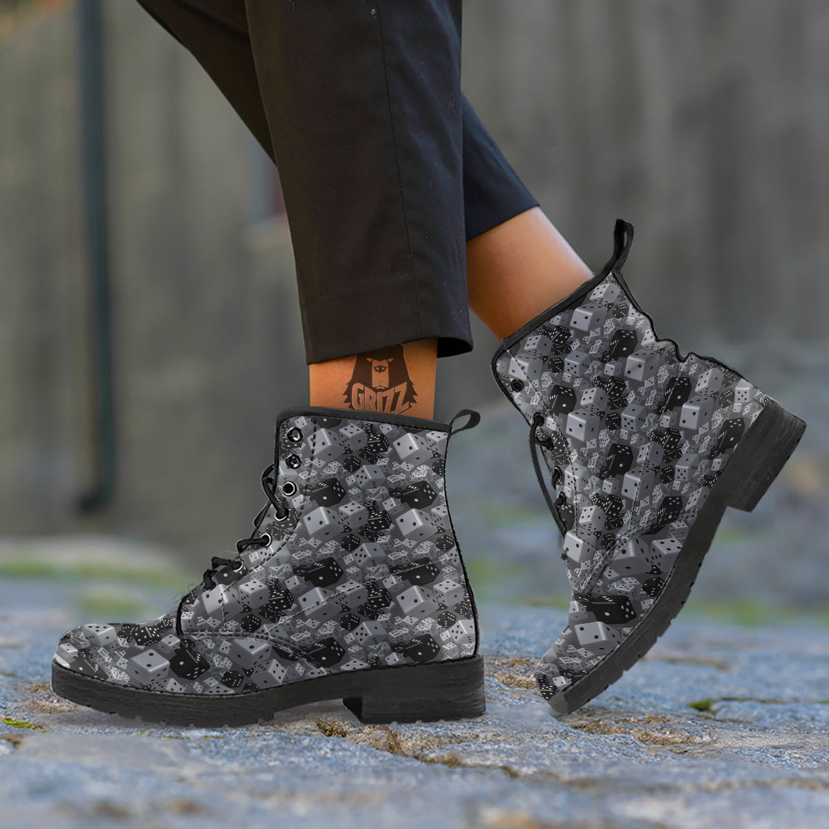 Gray Black 3D Dice Print Pattern Leather Boots-grizzshop