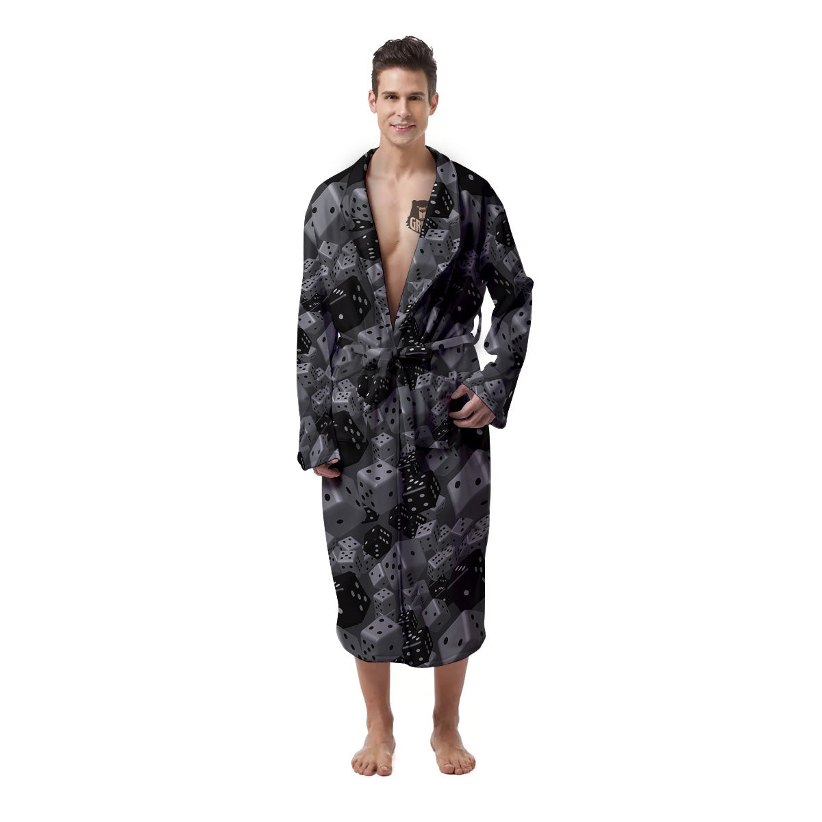 Gray Black 3D Dice Print Pattern Men's Robe-grizzshop