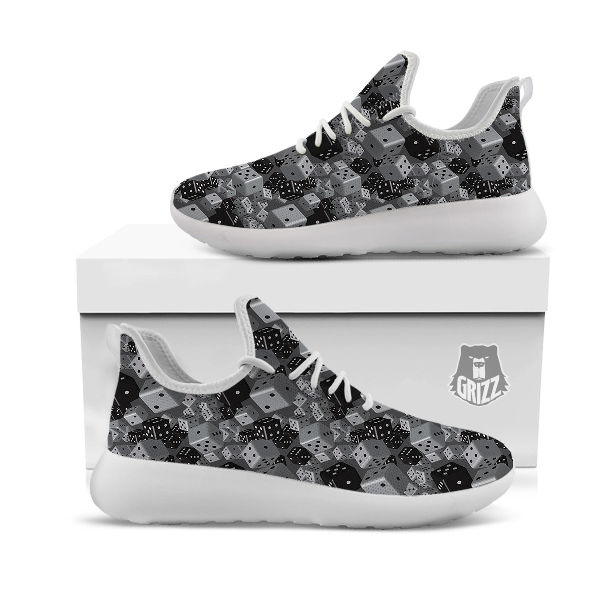 Gray Black 3D Dice Print Pattern White Athletic Shoes-grizzshop