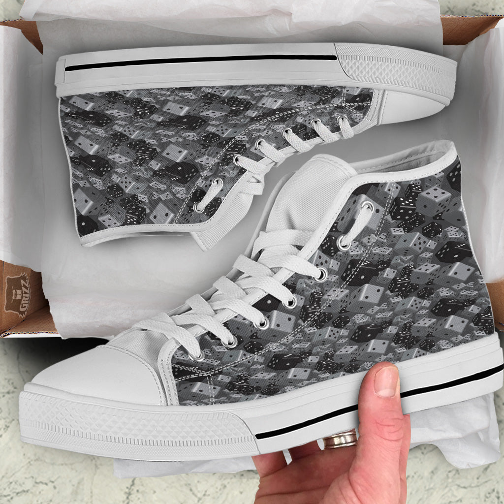 Gray Black 3D Dice Print Pattern White High Top Shoes-grizzshop