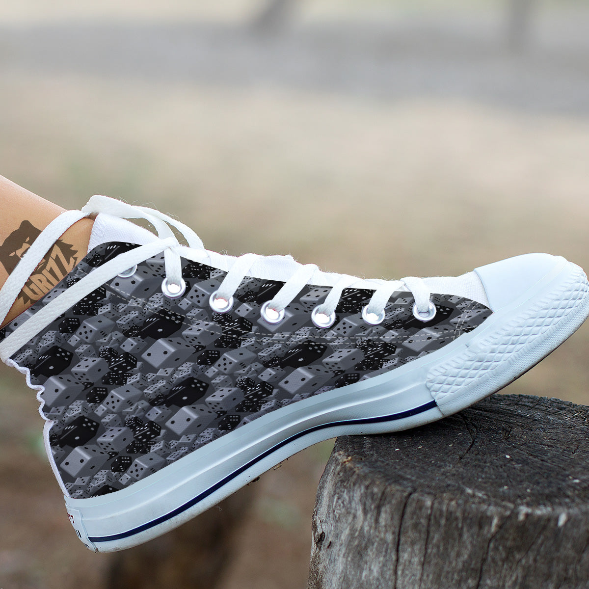 Gray Black 3D Dice Print Pattern White High Top Shoes-grizzshop