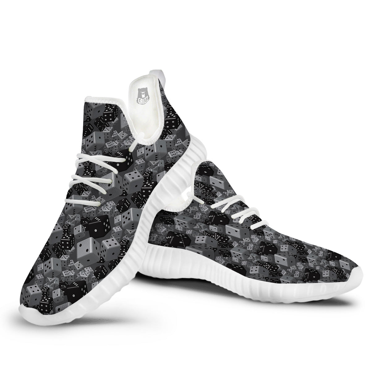 Gray Black 3D Dice Print Pattern White Walking Shoes-grizzshop