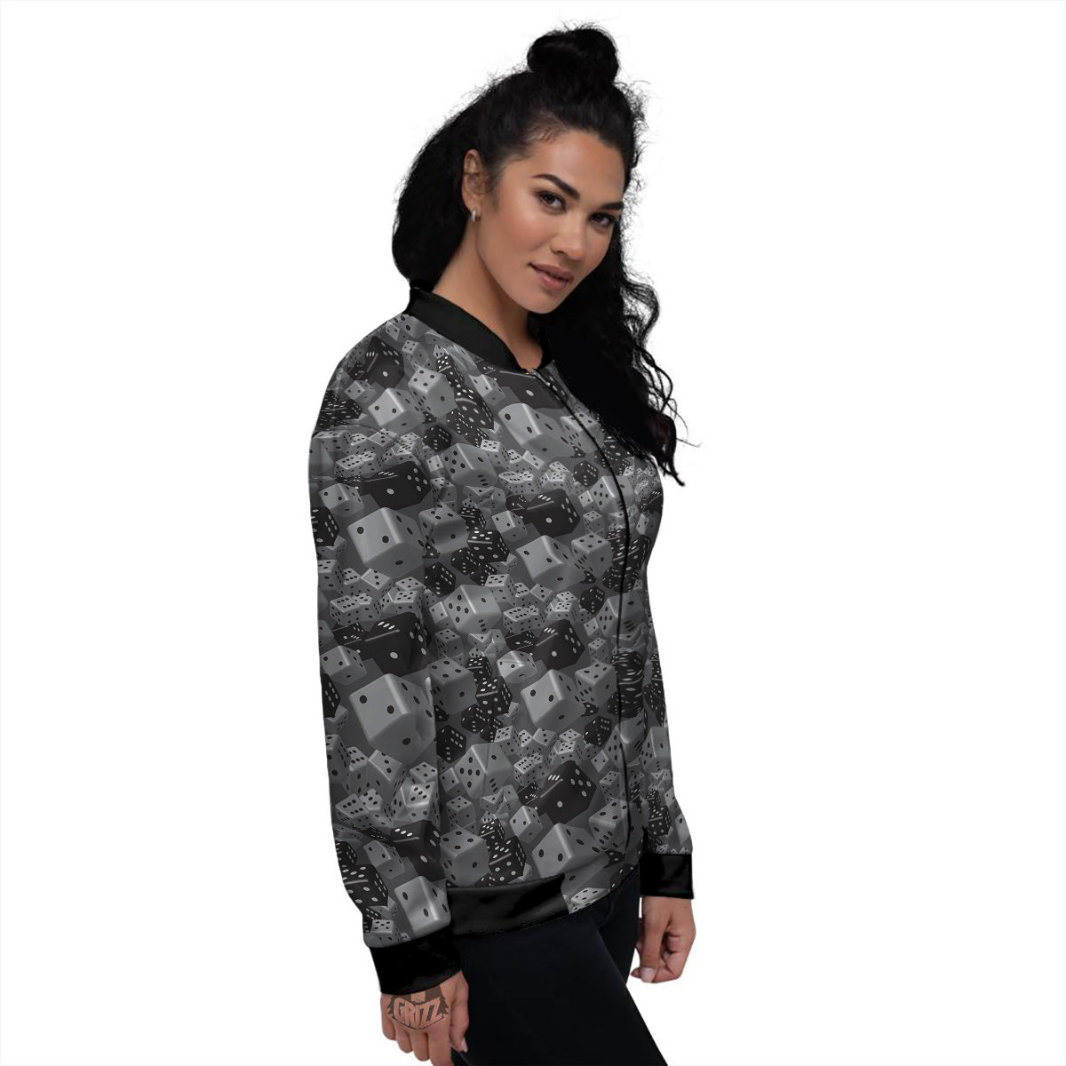 Gray Black 3D Dice Print Pattern Women's Bomber Jacket-grizzshop