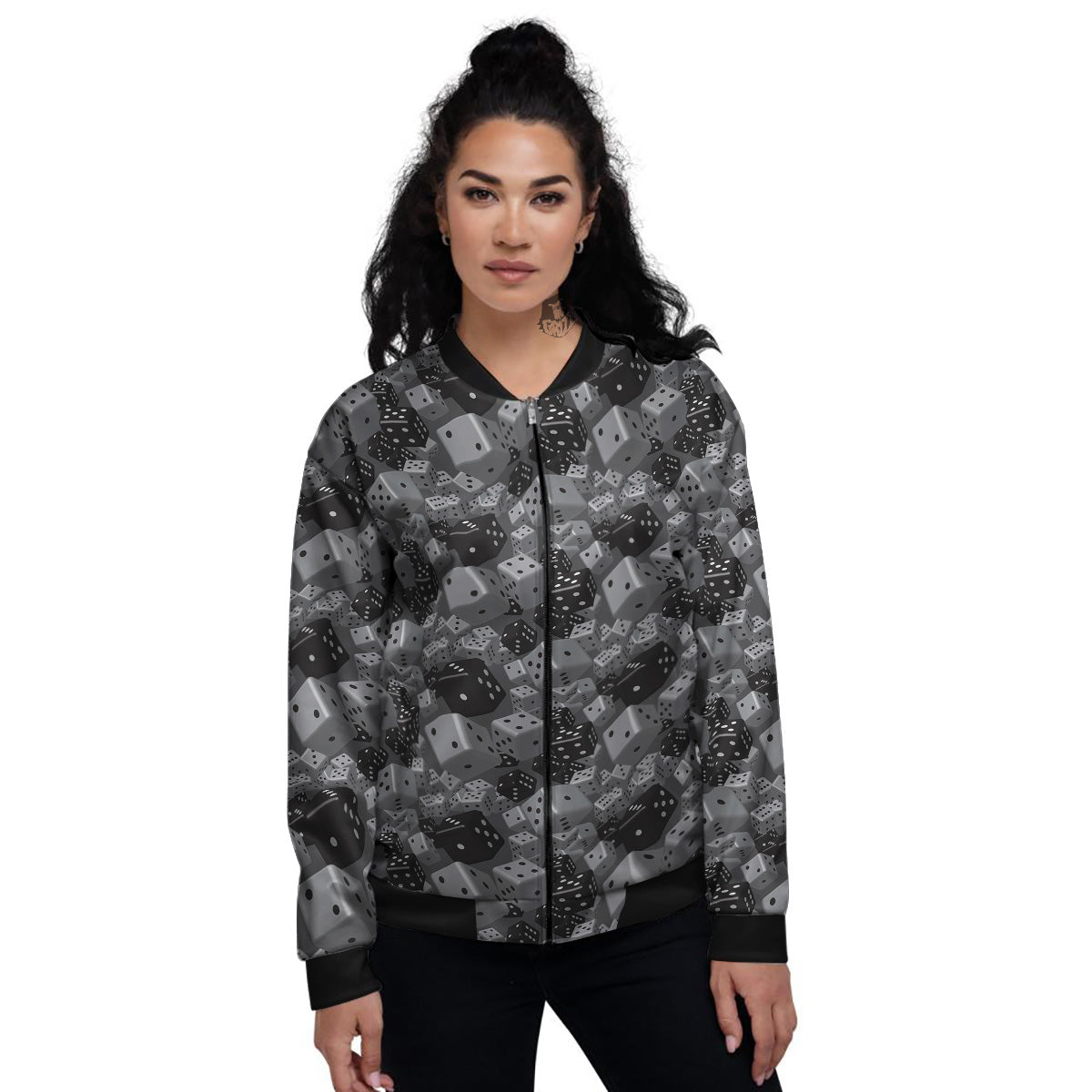 Gray Black 3D Dice Print Pattern Women's Bomber Jacket-grizzshop