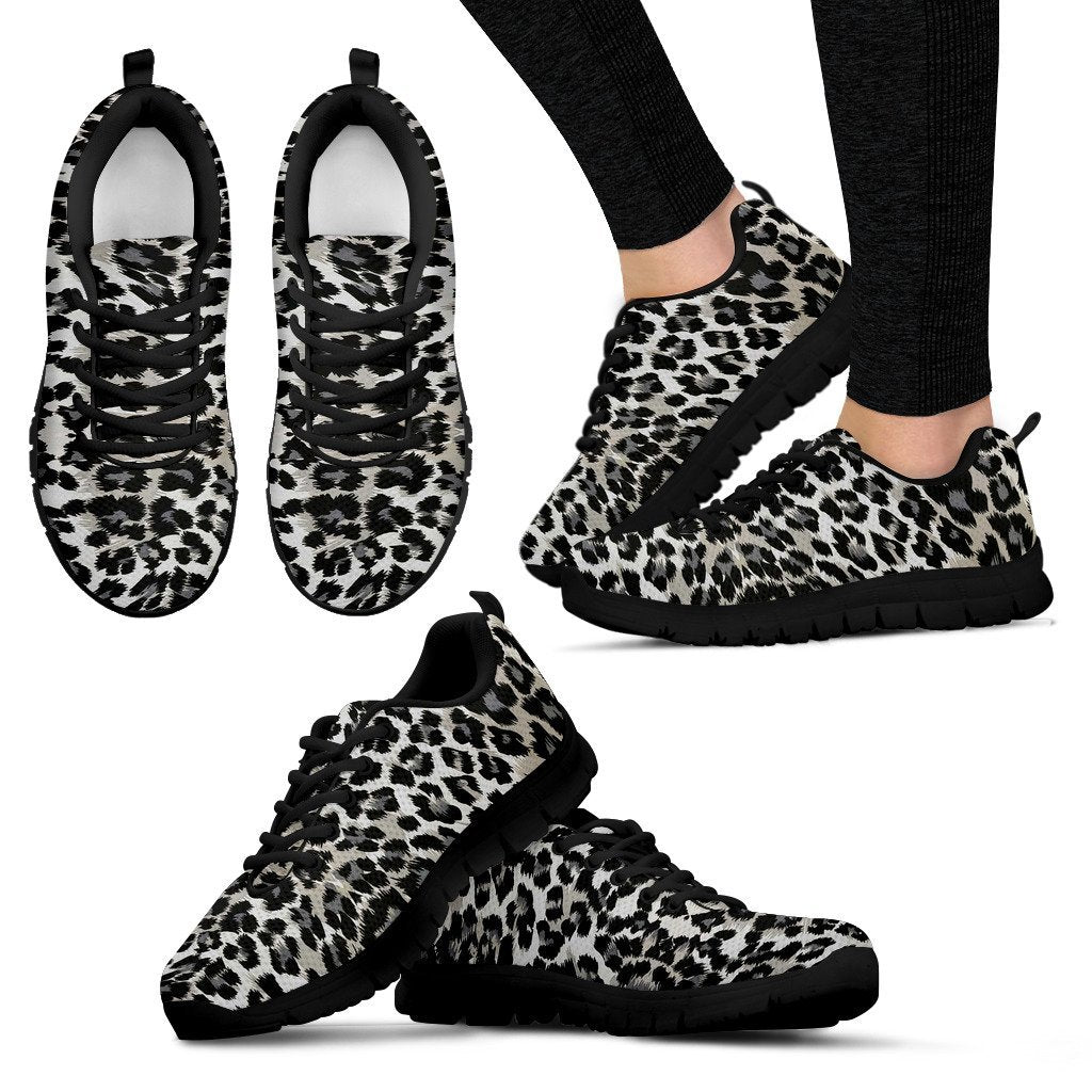 Gray Cheetah Leopard Pattern Print Black Sneaker Shoes For Men Women-grizzshop