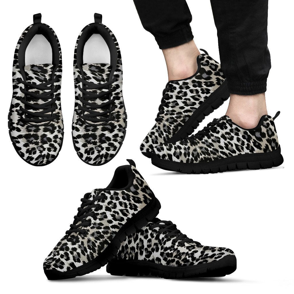 Gray Cheetah Leopard Pattern Print Black Sneaker Shoes For Men Women-grizzshop