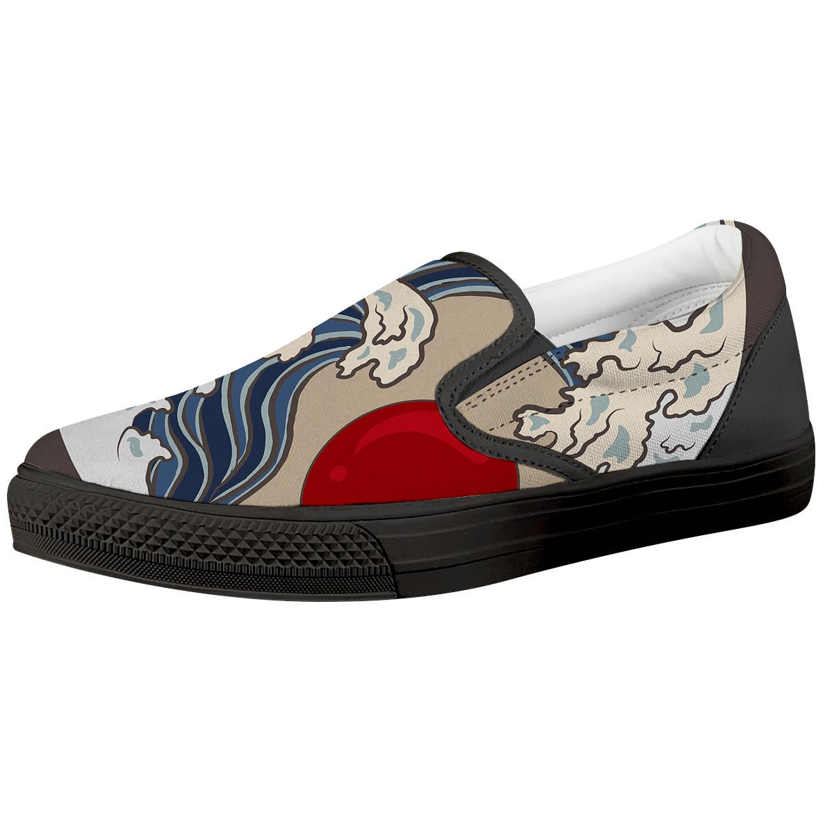 Great Kanagawa Wave Print Black Slip On Shoes-grizzshop