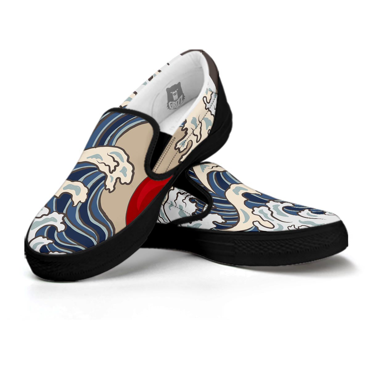 Great Kanagawa Wave Print Black Slip On Shoes-grizzshop