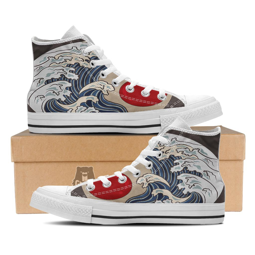 Great Kanagawa Wave Print White High Top Shoes-grizzshop