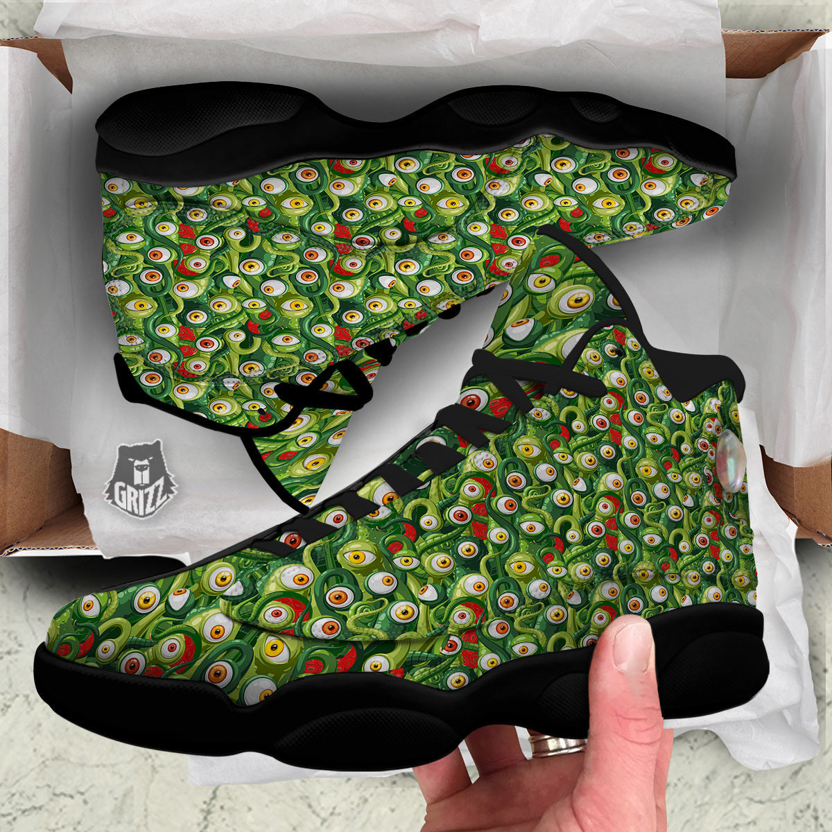 Green Alien Monster Print Pattern Black Basketball Shoes-grizzshop