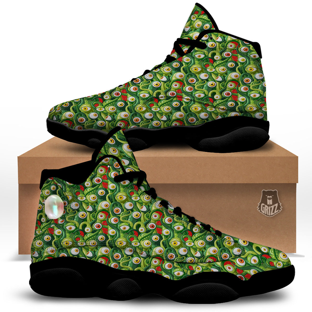 Green Alien Monster Print Pattern Black Basketball Shoes-grizzshop