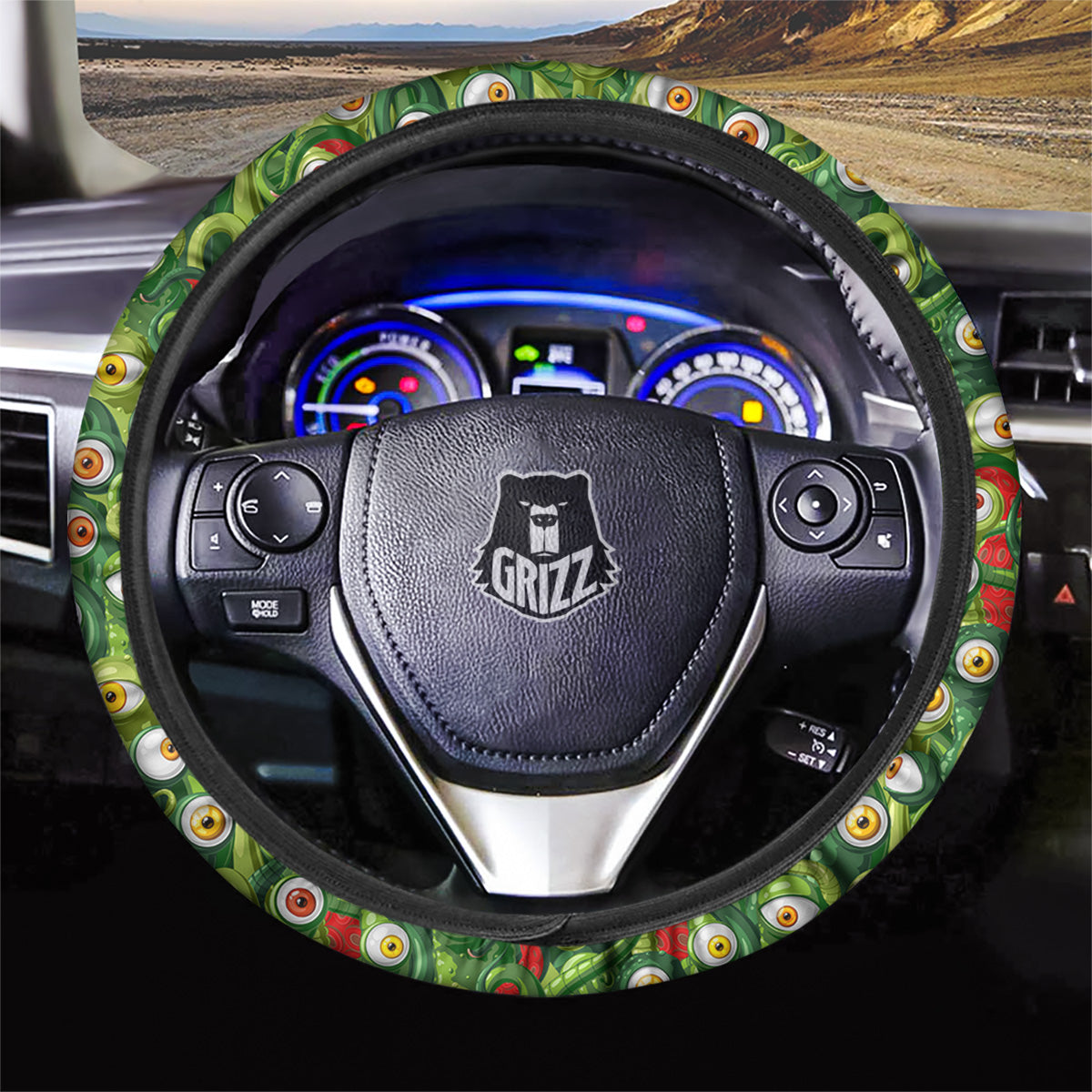 Green Alien Monster Print Pattern Car Steering Wheel Cover-grizzshop