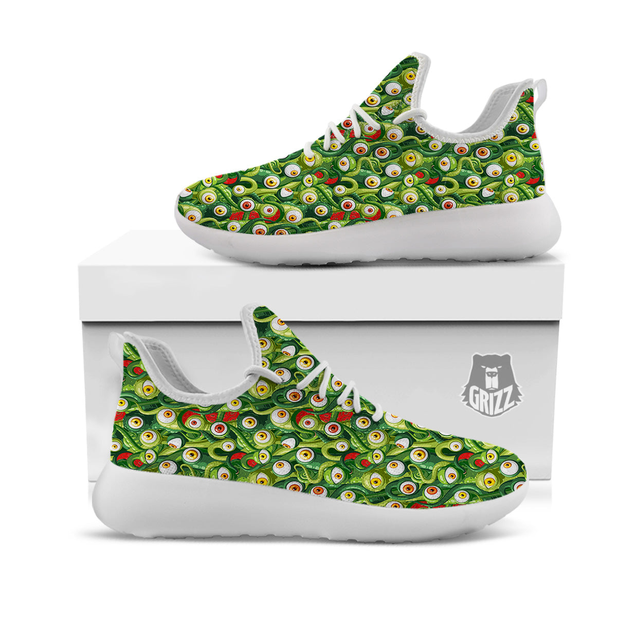 Green Alien Monster Print Pattern White Athletic Shoes-grizzshop