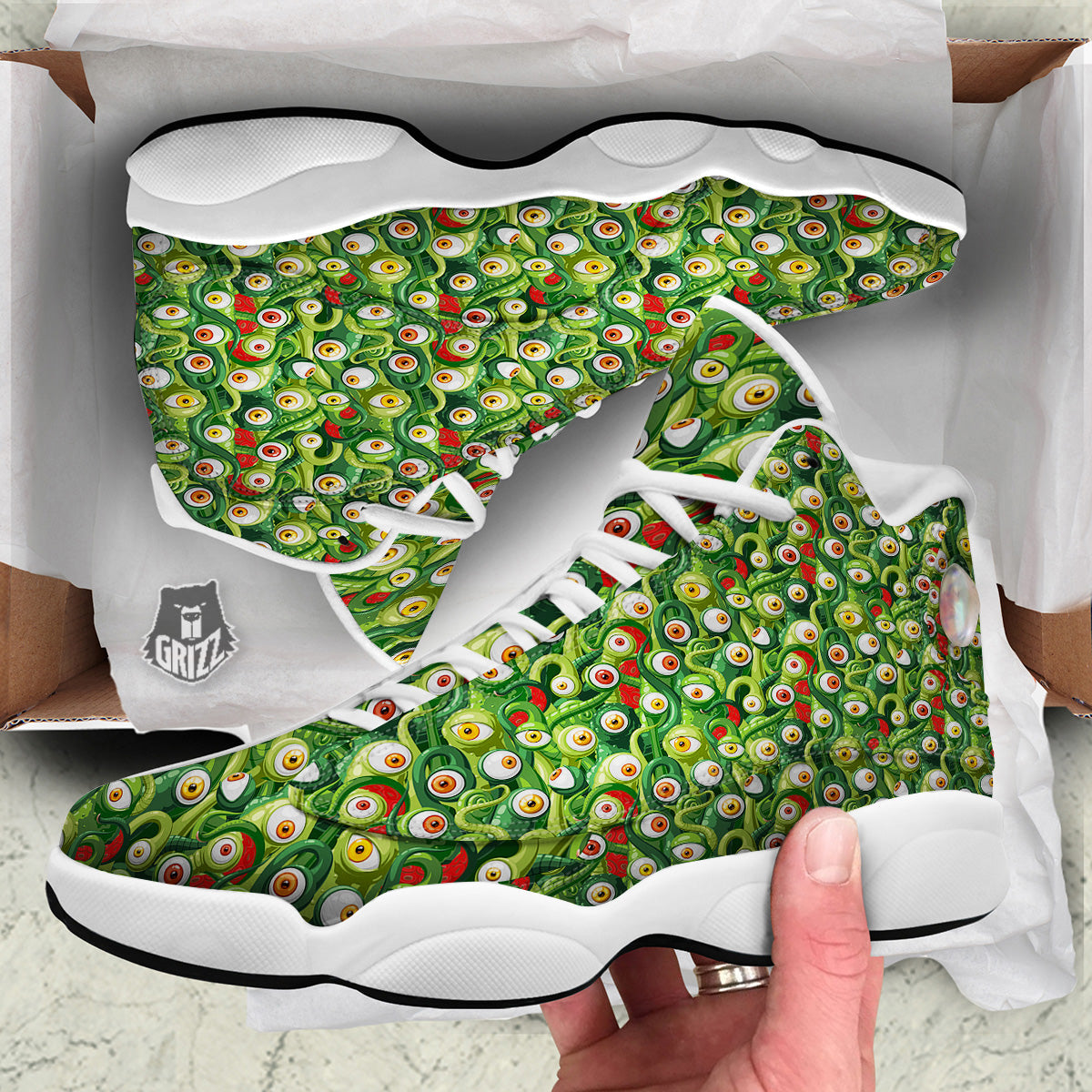 Green Alien Monster Print Pattern White Basketball Shoes-grizzshop