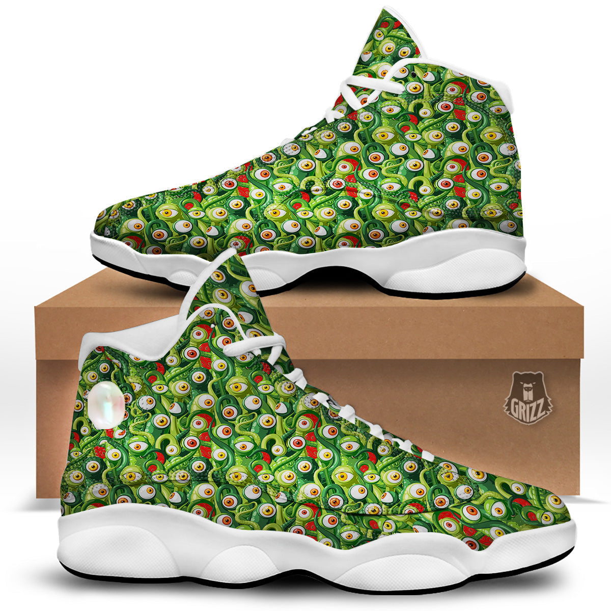 Green Alien Monster Print Pattern White Basketball Shoes-grizzshop