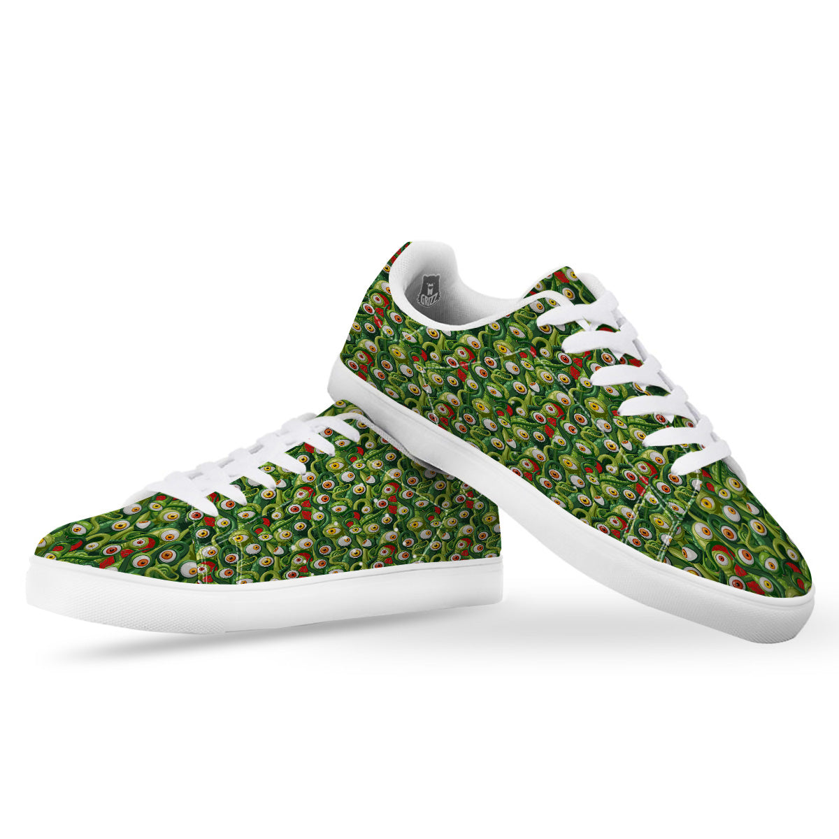 Green Alien Monster Print Pattern White Low Top Sneakers-grizzshop
