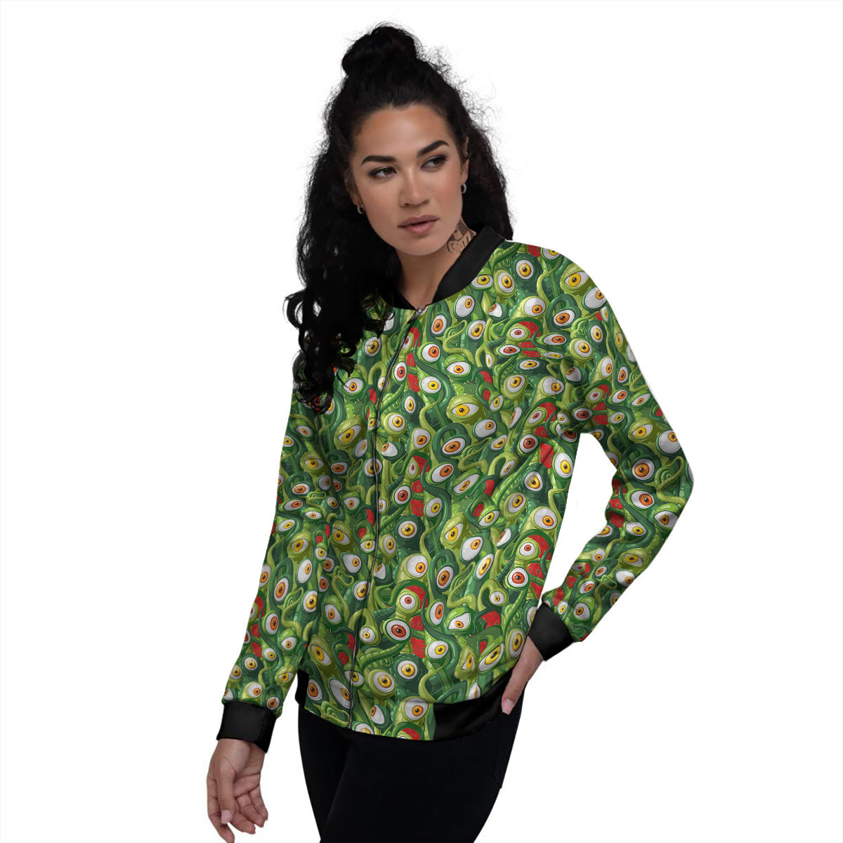 Green Alien Monster Print Pattern Women's Bomber Jacket-grizzshop