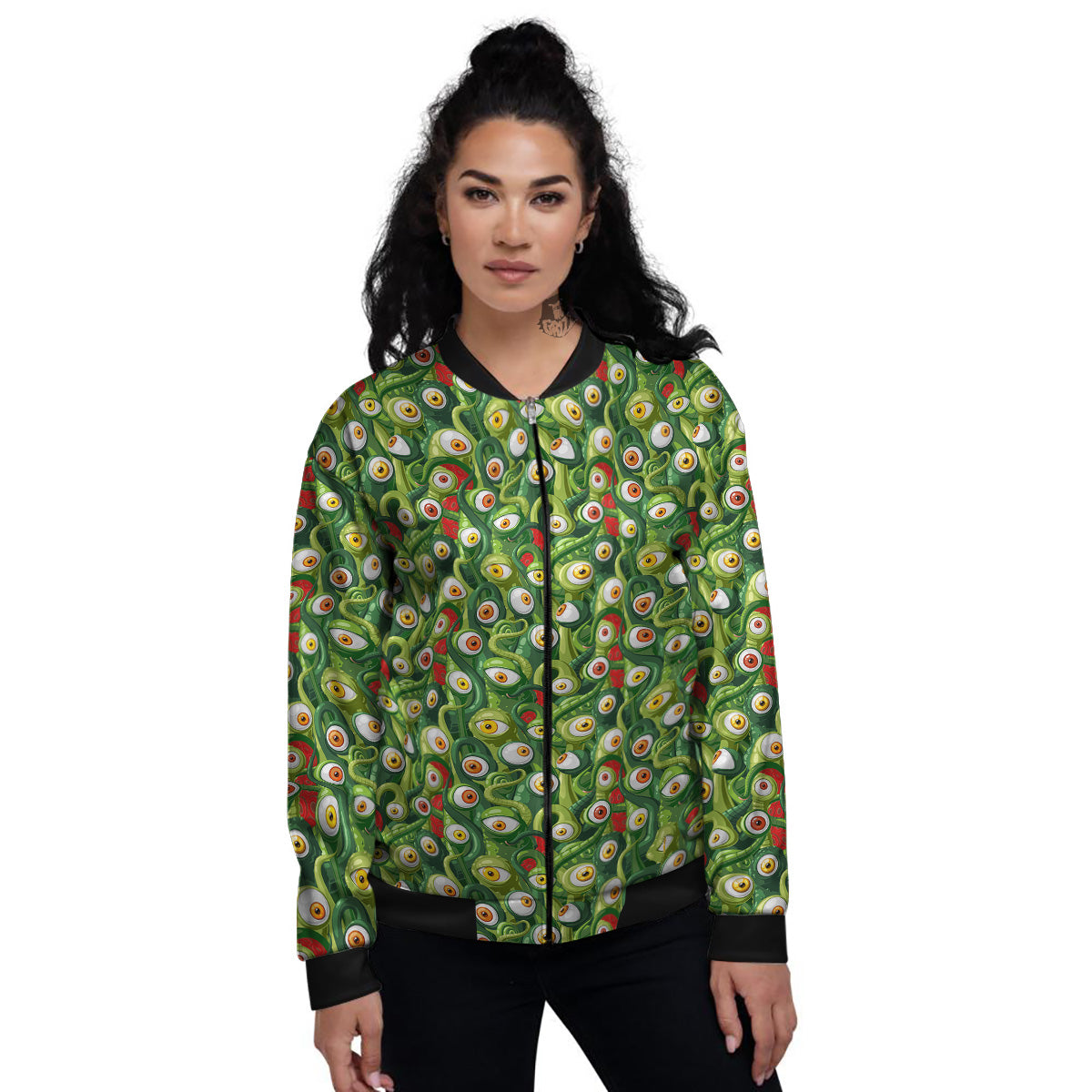 Green Alien Monster Print Pattern Women's Bomber Jacket-grizzshop