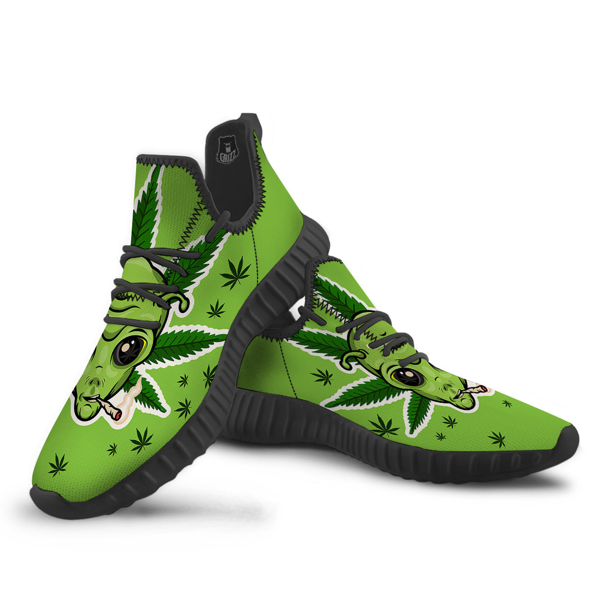 Green Alien Smoking Print Black Walking Shoes-grizzshop