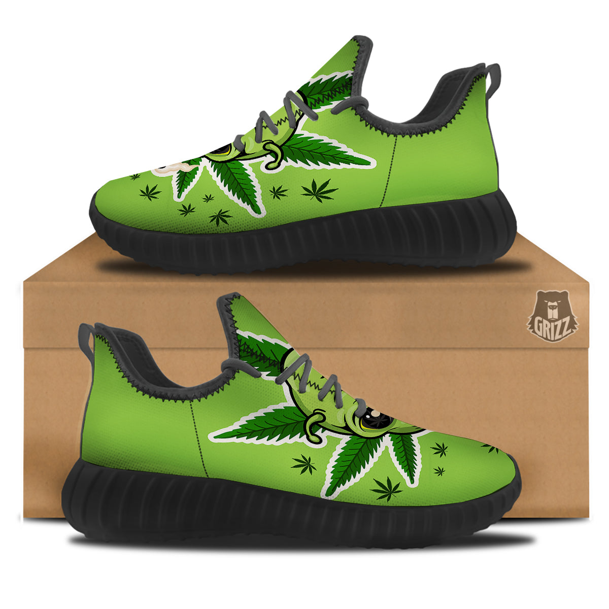 Green Alien Smoking Print Black Walking Shoes-grizzshop