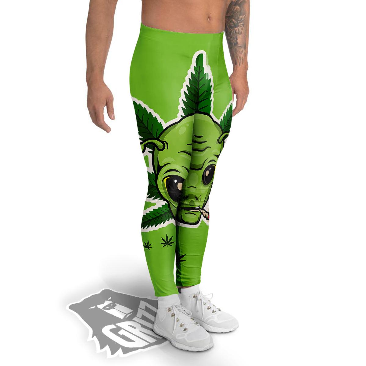 Green Alien Smoking Print Men's Leggings-grizzshop