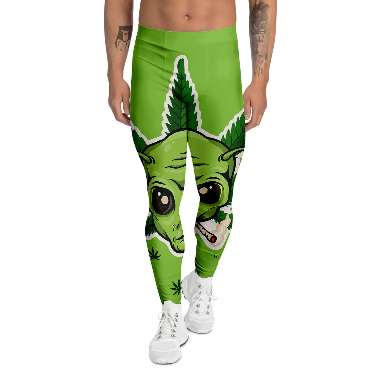 Green Alien Smoking Print Men's Leggings-grizzshop