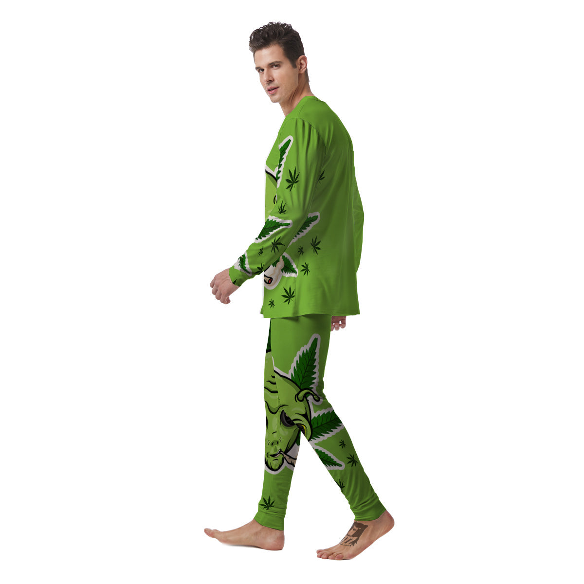 Green Alien Smoking Print Men's Pajamas-grizzshop