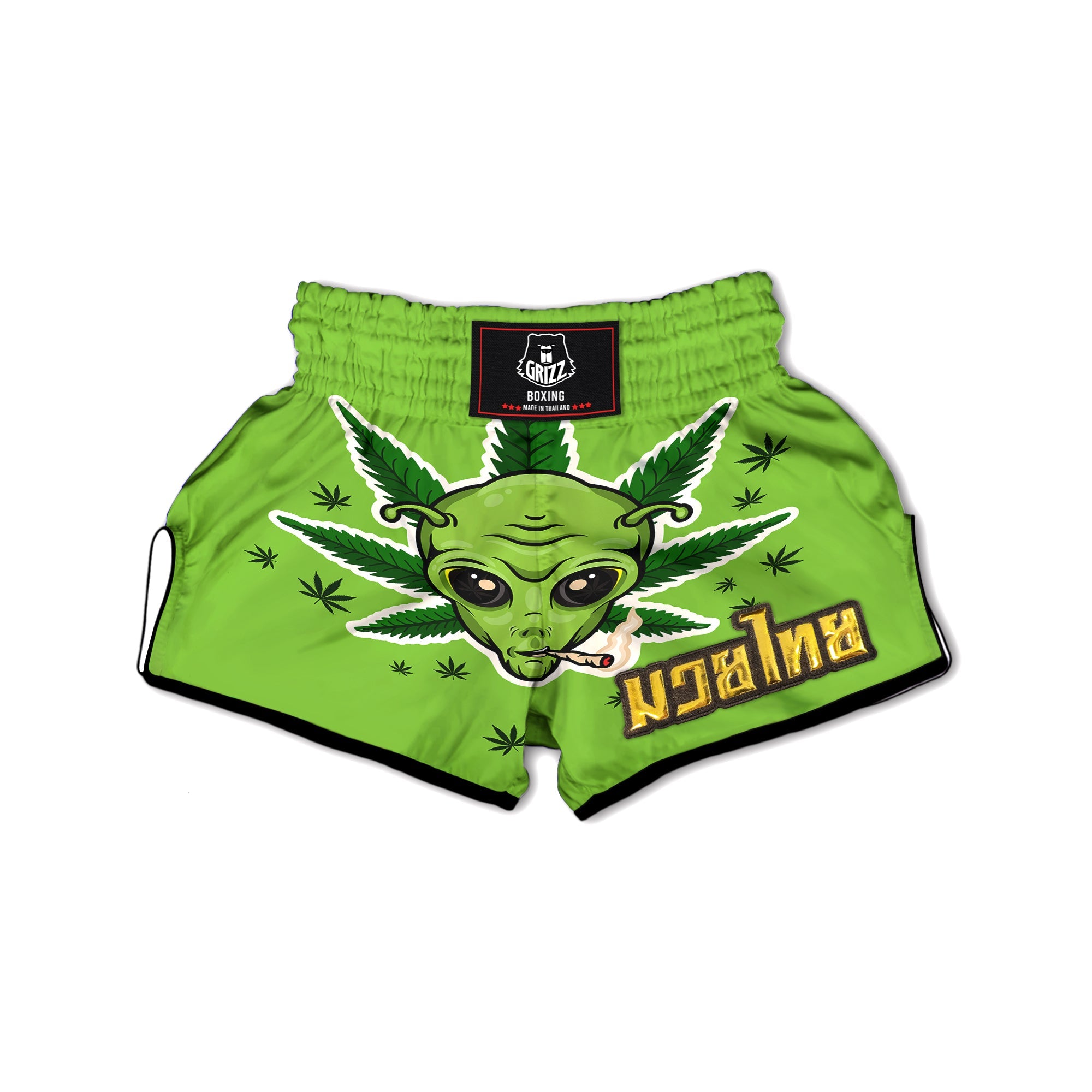 Green Alien Smoking Print Muay Thai Boxing Shorts-grizzshop