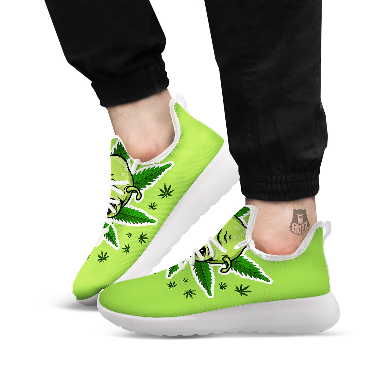 Green Alien Smoking Print White Athletic Shoes-grizzshop