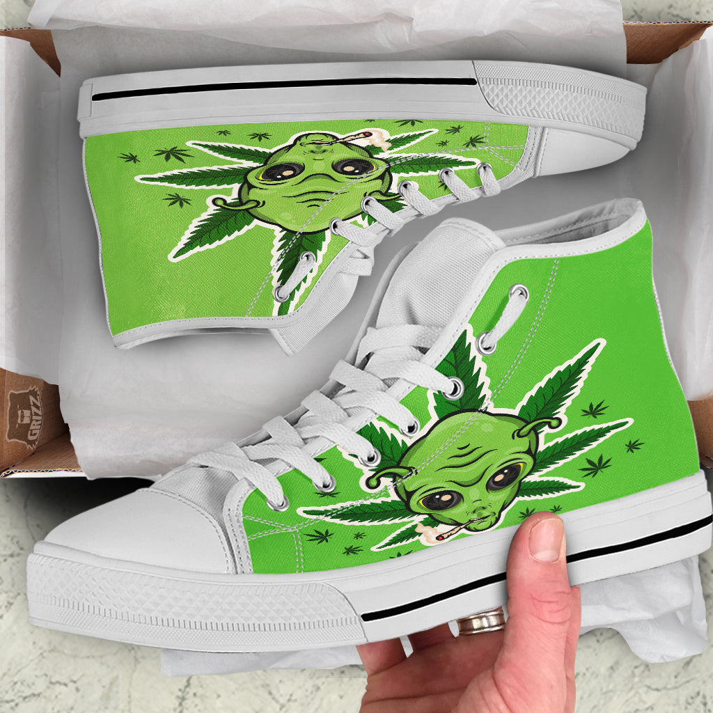 Green Alien Smoking Print White High Top Shoes-grizzshop